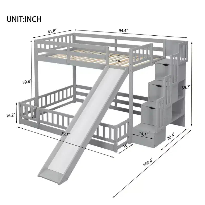 Lit superposé jumeau sur grand lit avec toboggan, escalier de rangement, barrières de sécurité et cadre en bois de pin massif, Blanc/Gris-ModernLuxe