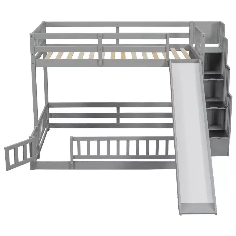 Lit superposé jumeau sur grand lit avec toboggan, escalier de rangement, barrières de sécurité et cadre en bois de pin massif, Blanc/Gris-ModernLuxe