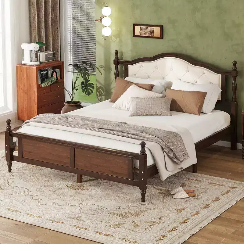 Lit en bois Queen Pine avec tête de lit rembourrée et pied de lit à panneaux