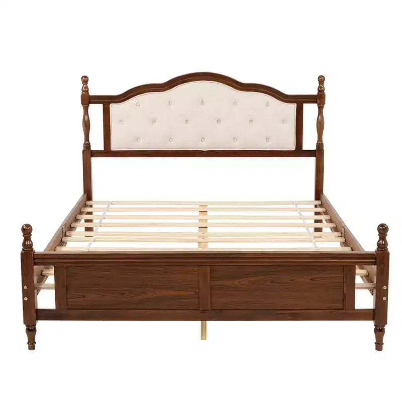 Lit en bois Queen Pine avec tête de lit rembourrée et pied de lit à panneaux