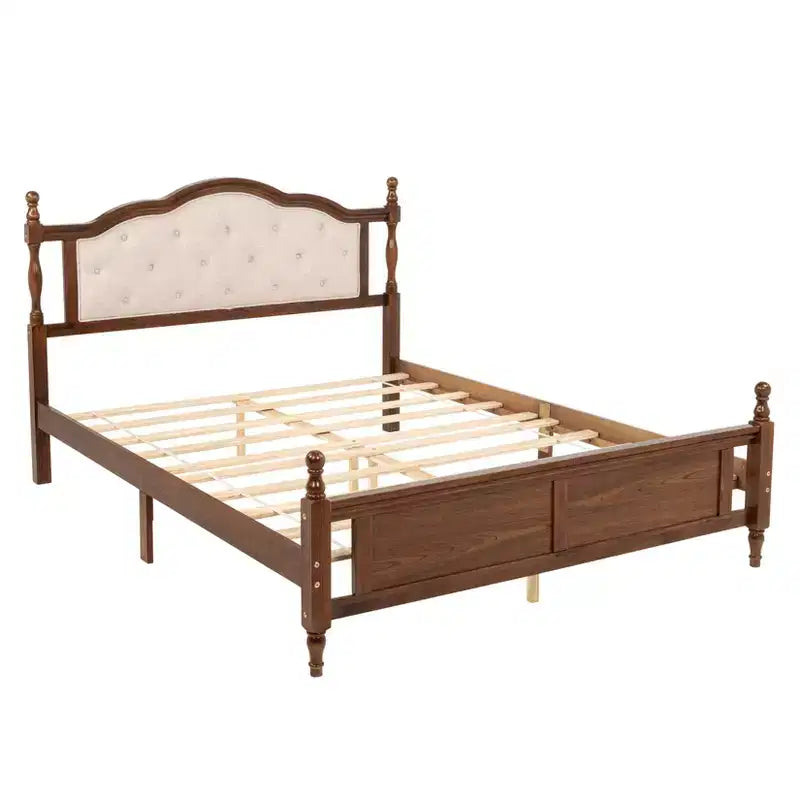 Lit en bois Queen Pine avec tête de lit rembourrée et pied de lit à panneaux