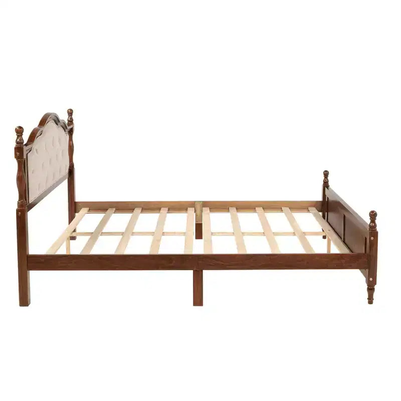 Lit en bois Queen Pine avec tête de lit rembourrée et pied de lit à panneaux