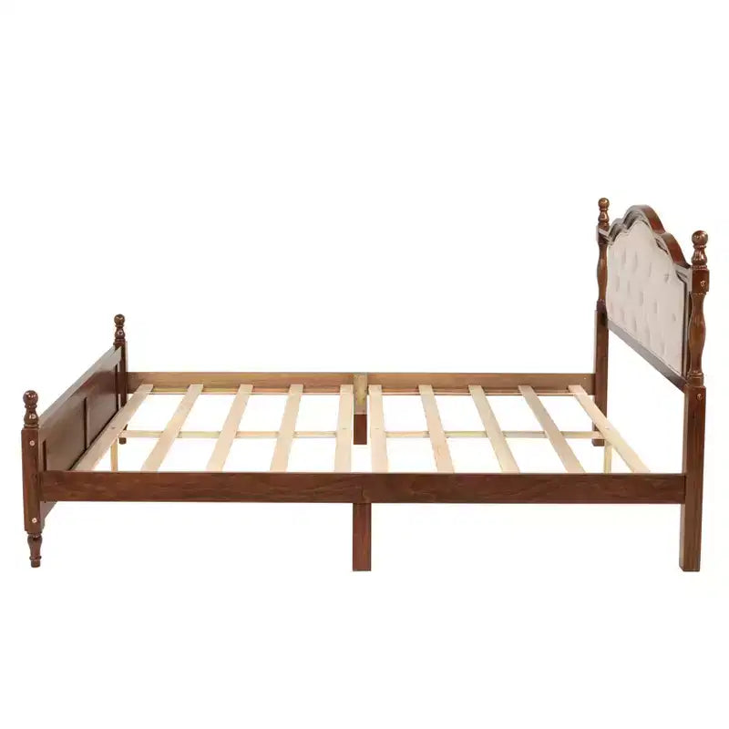 Lit en bois Queen Pine avec tête de lit rembourrée et pied de lit à panneaux