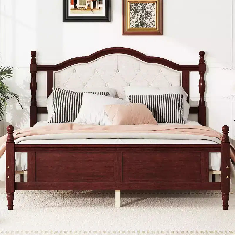Lit en bois Queen Pine avec tête de lit rembourrée et pied de lit à panneaux