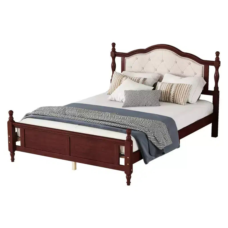 Lit en bois Queen Pine avec tête de lit rembourrée et pied de lit à panneaux