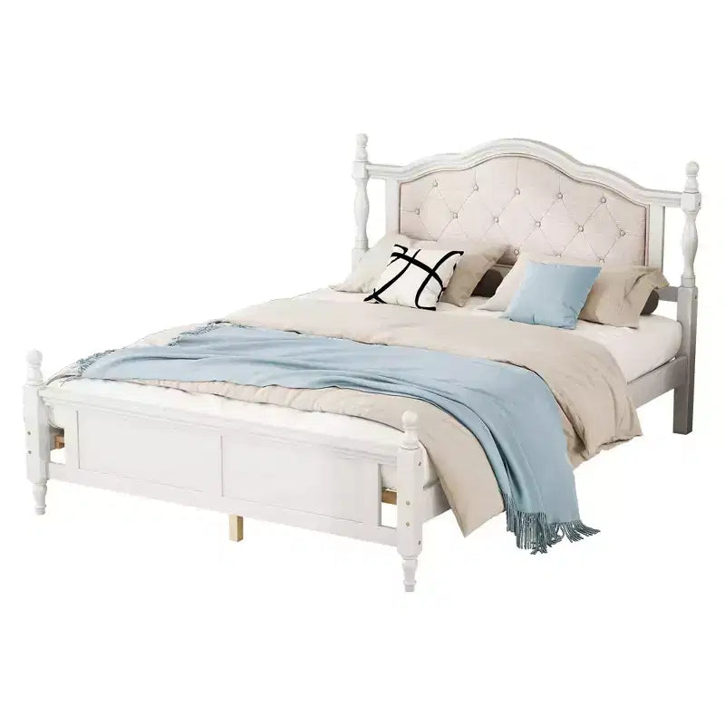 Lit en bois Queen Pine avec tête de lit rembourrée et pied de lit à panneaux