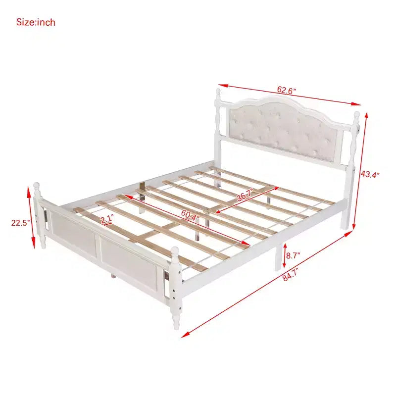 Lit en bois Queen Pine avec tête de lit rembourrée et pied de lit à panneaux