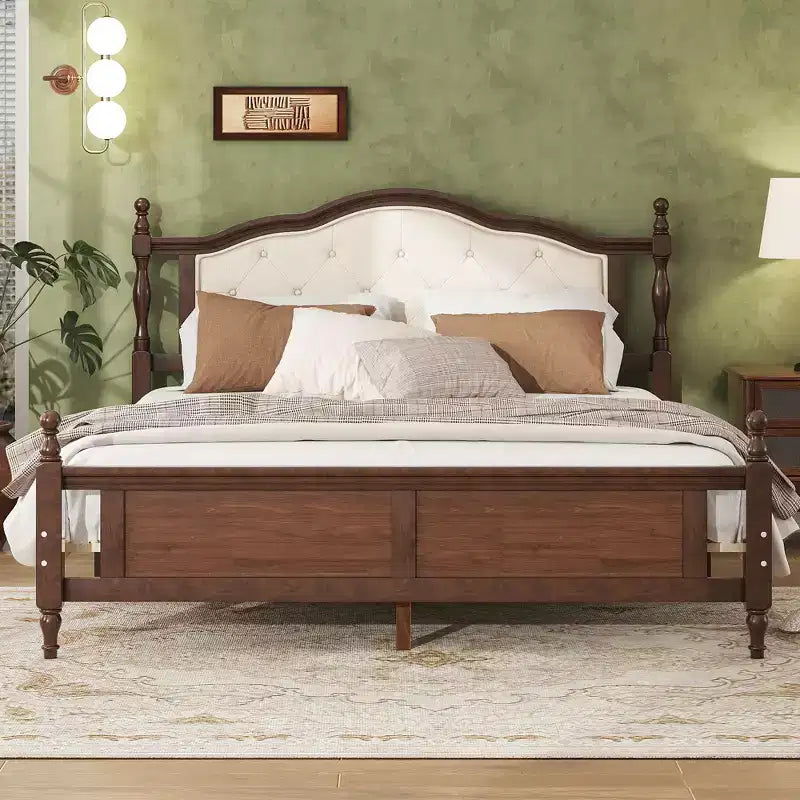Lit en bois Queen Pine avec tête de lit rembourrée et pied de lit à panneaux