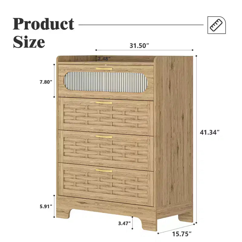 Commode verticale en bois avec quatre tiroirs et poignées dorées, style ferme, 105 cm de hauteur