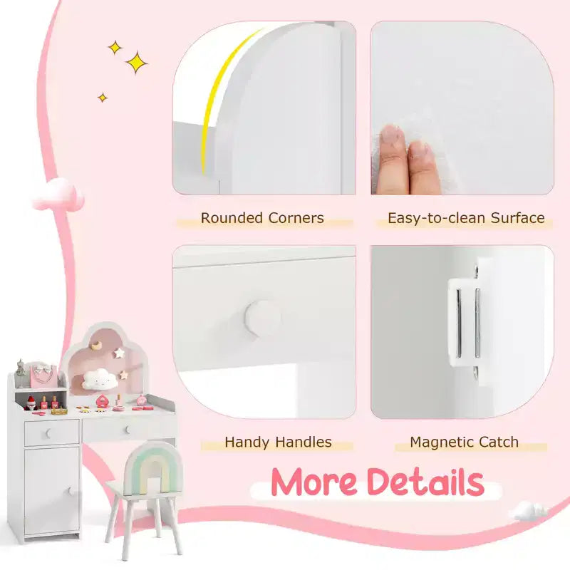 Coiffeuse et chaise pour enfants avec miroir en forme de nuage Étagère ouverte Tiroirs de rangement Blanc/Rose/Violet