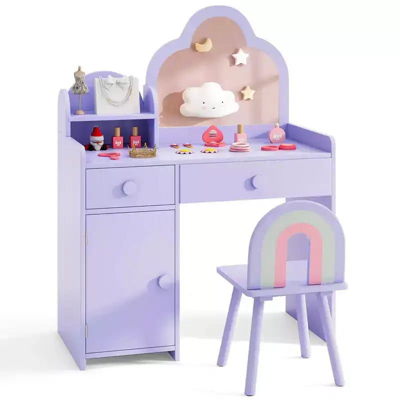 Coiffeuse et chaise pour enfants avec miroir en forme de nuage Étagère ouverte Tiroirs de rangement Blanc/Rose/Violet
