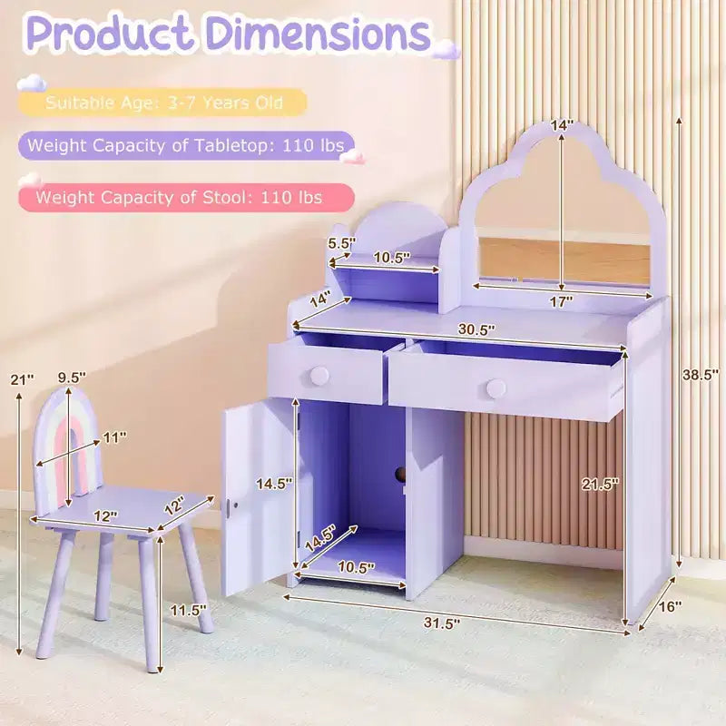Coiffeuse et chaise pour enfants avec miroir en forme de nuage Étagère ouverte Tiroirs de rangement Blanc/Rose/Violet
