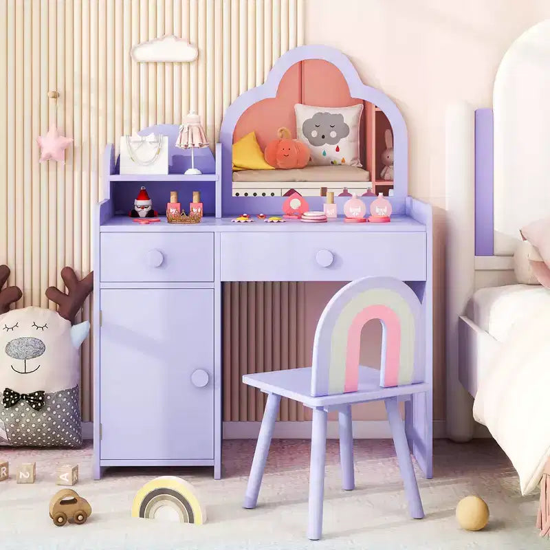 Coiffeuse et chaise pour enfants avec miroir en forme de nuage Étagère ouverte Tiroirs de rangement Blanc/Rose/Violet