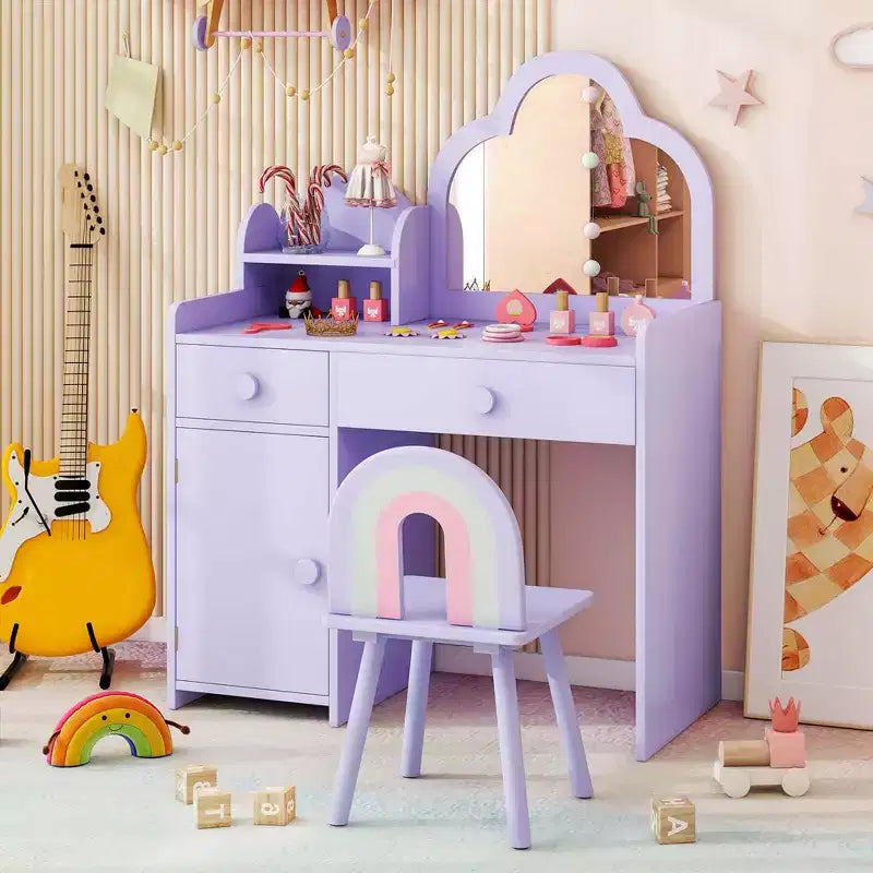 Coiffeuse et chaise pour enfants avec miroir en forme de nuage Étagère ouverte Tiroirs de rangement Blanc/Rose/Violet