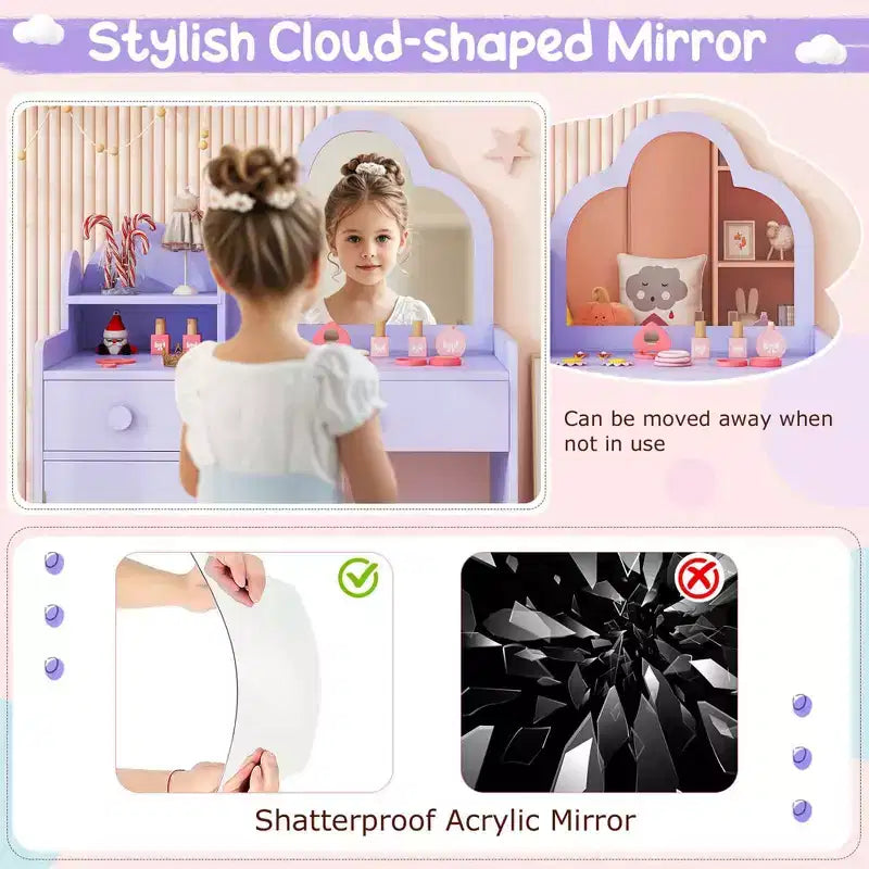 Coiffeuse et chaise pour enfants avec miroir en forme de nuage Étagère ouverte Tiroirs de rangement Blanc/Rose/Violet