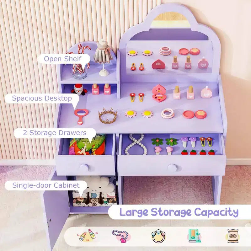 Coiffeuse et chaise pour enfants avec miroir en forme de nuage Étagère ouverte Tiroirs de rangement Blanc/Rose/Violet