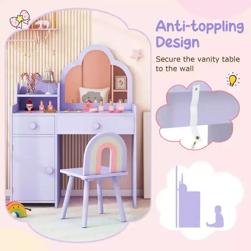 Coiffeuse et chaise pour enfants avec miroir en forme de nuage Étagère ouverte Tiroirs de rangement Blanc/Rose/Violet