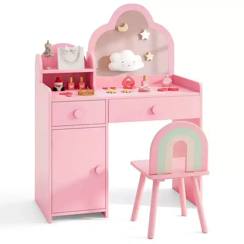 Coiffeuse et chaise pour enfants avec miroir en forme de nuage Étagère ouverte Tiroirs de rangement Blanc/Rose/Violet