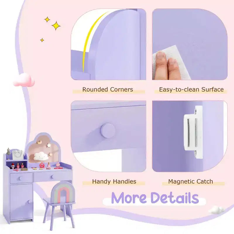 Coiffeuse et chaise pour enfants avec miroir en forme de nuage Étagère ouverte Tiroirs de rangement Blanc/Rose/Violet