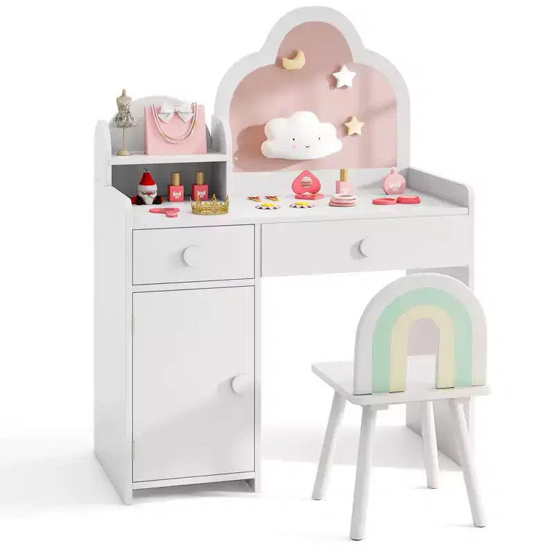 Coiffeuse et chaise pour enfants avec miroir en forme de nuage Étagère ouverte Tiroirs de rangement Blanc/Rose/Violet
