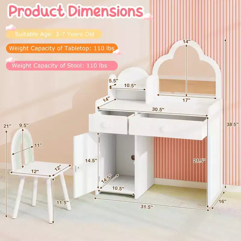 Coiffeuse et chaise pour enfants avec miroir en forme de nuage Étagère ouverte Tiroirs de rangement Blanc/Rose/Violet