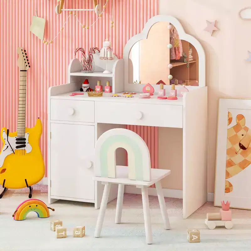 Coiffeuse et chaise pour enfants avec miroir en forme de nuage Étagère ouverte Tiroirs de rangement Blanc/Rose/Violet