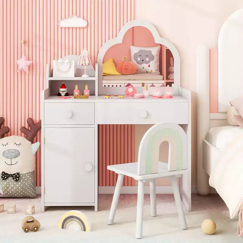 Coiffeuse et chaise pour enfants avec miroir en forme de nuage Étagère ouverte Tiroirs de rangement Blanc/Rose/Violet