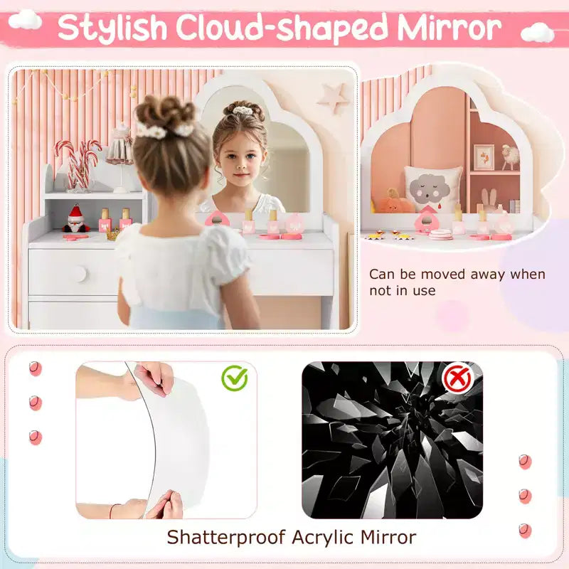Coiffeuse et chaise pour enfants avec miroir en forme de nuage Étagère ouverte Tiroirs de rangement Blanc/Rose/Violet