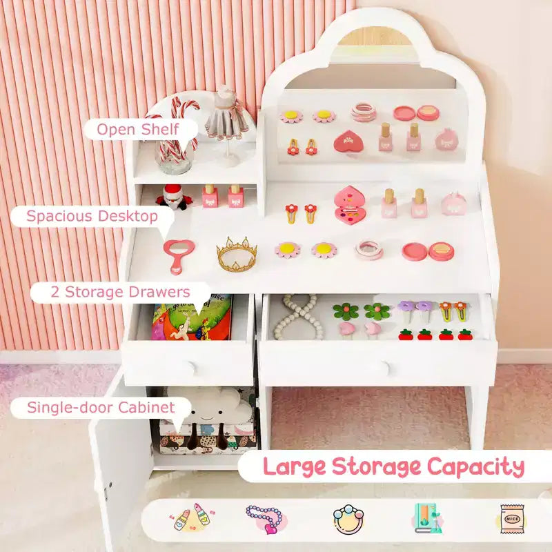 Coiffeuse et chaise pour enfants avec miroir en forme de nuage Étagère ouverte Tiroirs de rangement Blanc/Rose/Violet