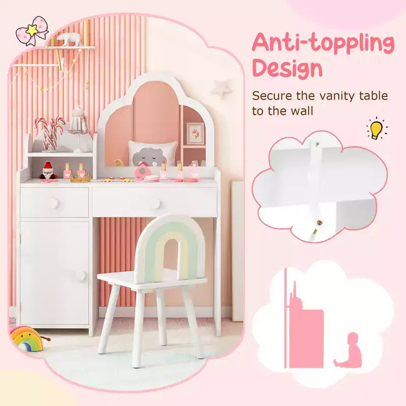 Coiffeuse et chaise pour enfants avec miroir en forme de nuage Étagère ouverte Tiroirs de rangement Blanc/Rose/Violet