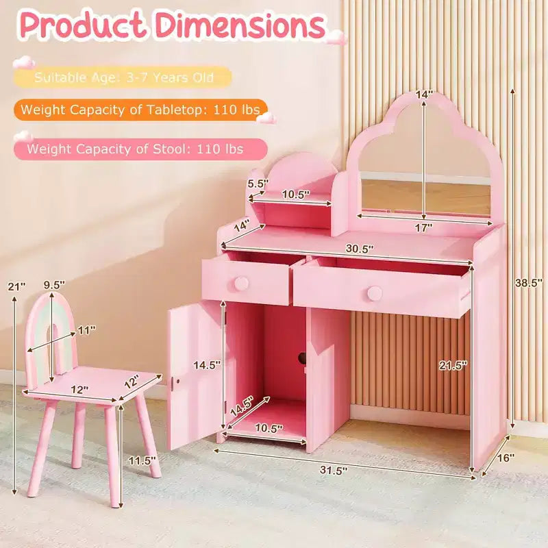 Coiffeuse et chaise pour enfants avec miroir en forme de nuage Étagère ouverte Tiroirs de rangement Blanc/Rose/Violet