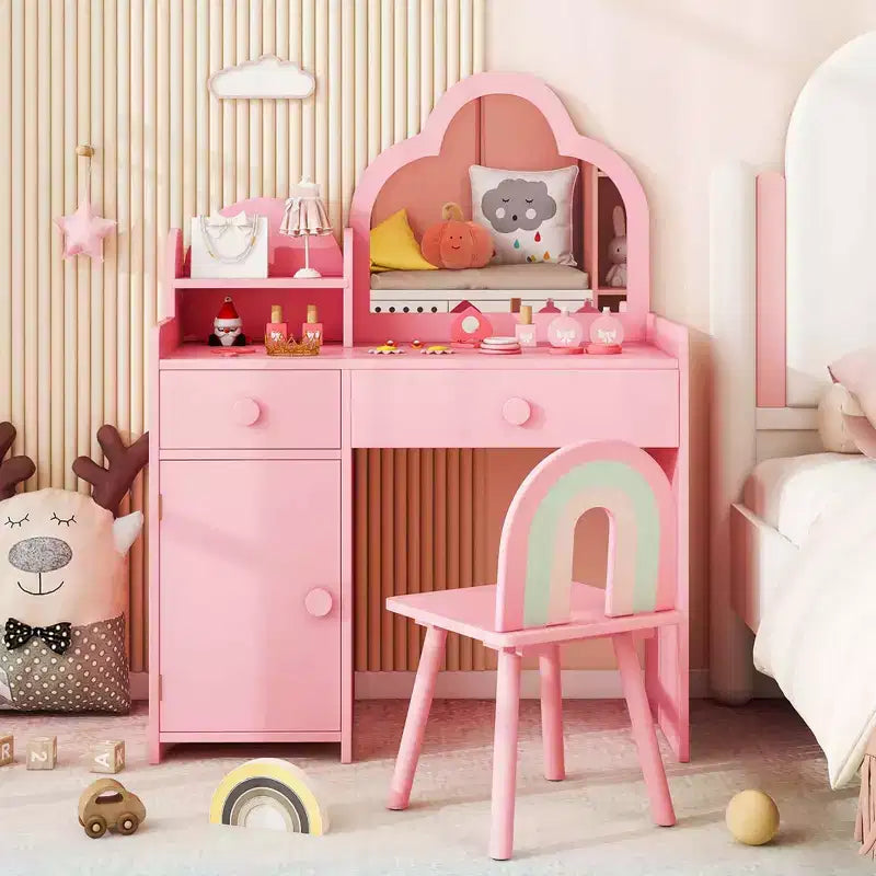 Coiffeuse et chaise pour enfants avec miroir en forme de nuage Étagère ouverte Tiroirs de rangement Blanc/Rose/Violet