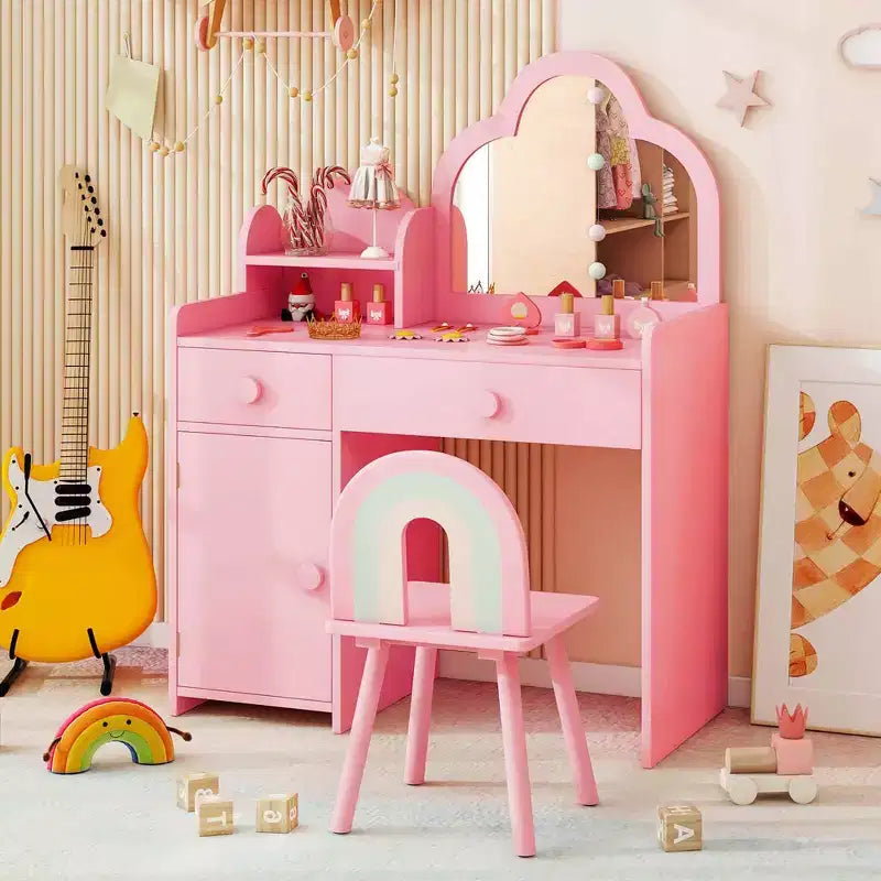 Coiffeuse et chaise pour enfants avec miroir en forme de nuage Étagère ouverte Tiroirs de rangement Blanc/Rose/Violet