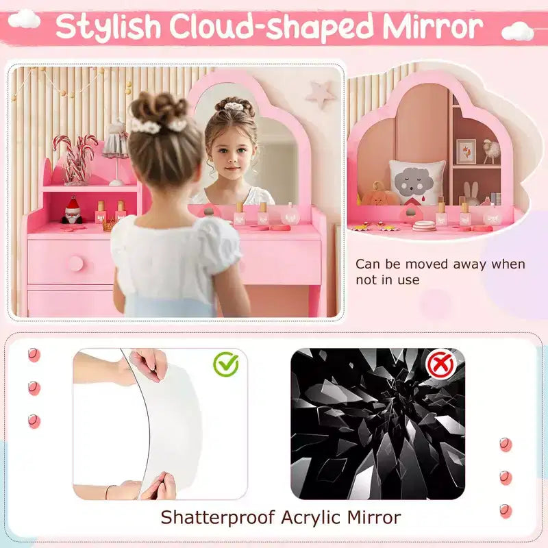 Coiffeuse et chaise pour enfants avec miroir en forme de nuage Étagère ouverte Tiroirs de rangement Blanc/Rose/Violet