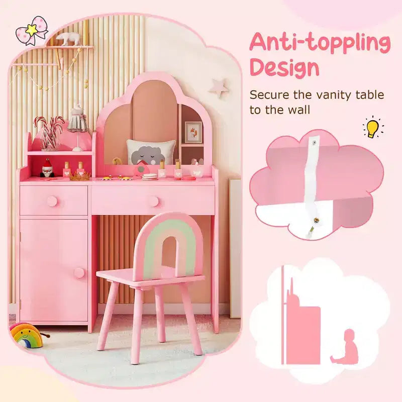 Coiffeuse et chaise pour enfants avec miroir en forme de nuage Étagère ouverte Tiroirs de rangement Blanc/Rose/Violet