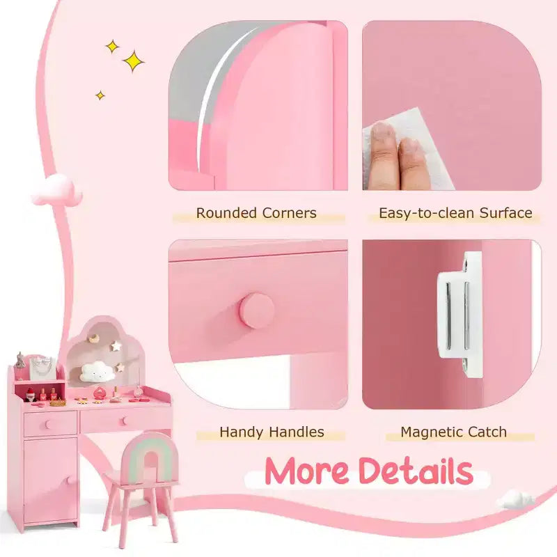 Coiffeuse et chaise pour enfants avec miroir en forme de nuage Étagère ouverte Tiroirs de rangement Blanc/Rose/Violet