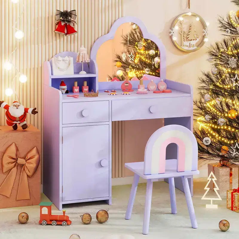 Coiffeuse et chaise pour enfants avec miroir en forme de nuage Étagère ouverte Tiroirs de rangement Blanc/Rose/Violet