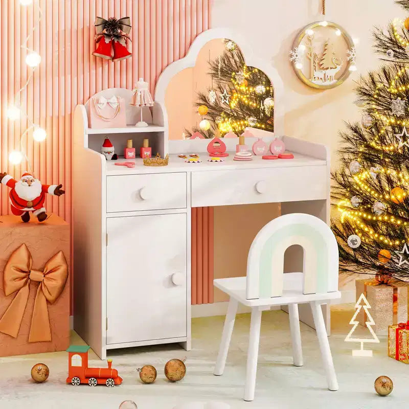 Coiffeuse et chaise pour enfants avec miroir en forme de nuage Étagère ouverte Tiroirs de rangement Blanc/Rose/Violet
