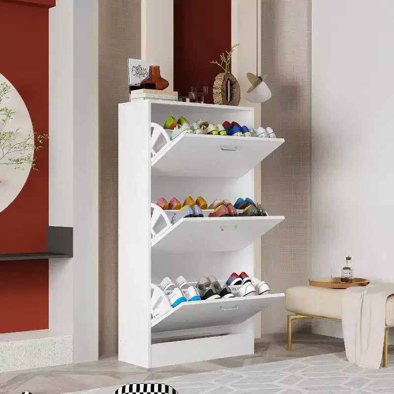 Meuble à chaussures basculant blanc 3 tiroirs design minimaliste et léger