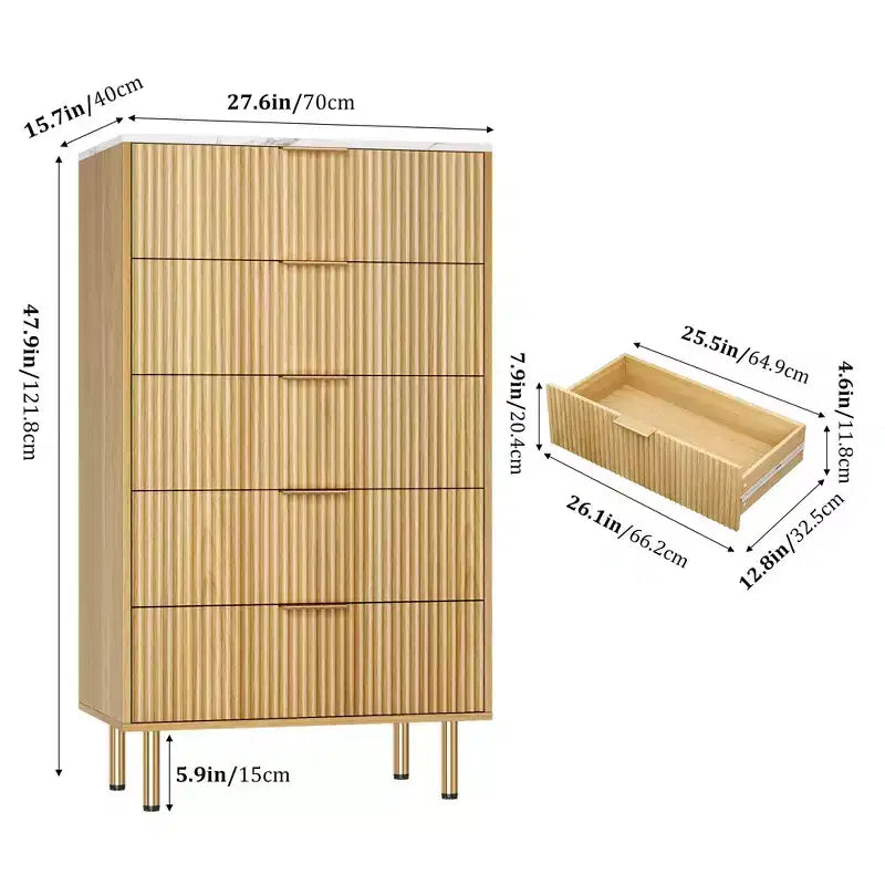 Commode en bois cannelé 5 tiroirs commode haute moderne blanche