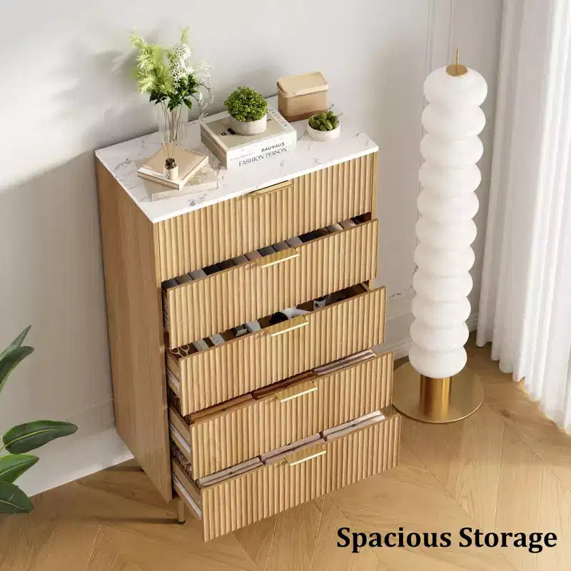 Commode en bois cannelé 5 tiroirs commode haute moderne blanche