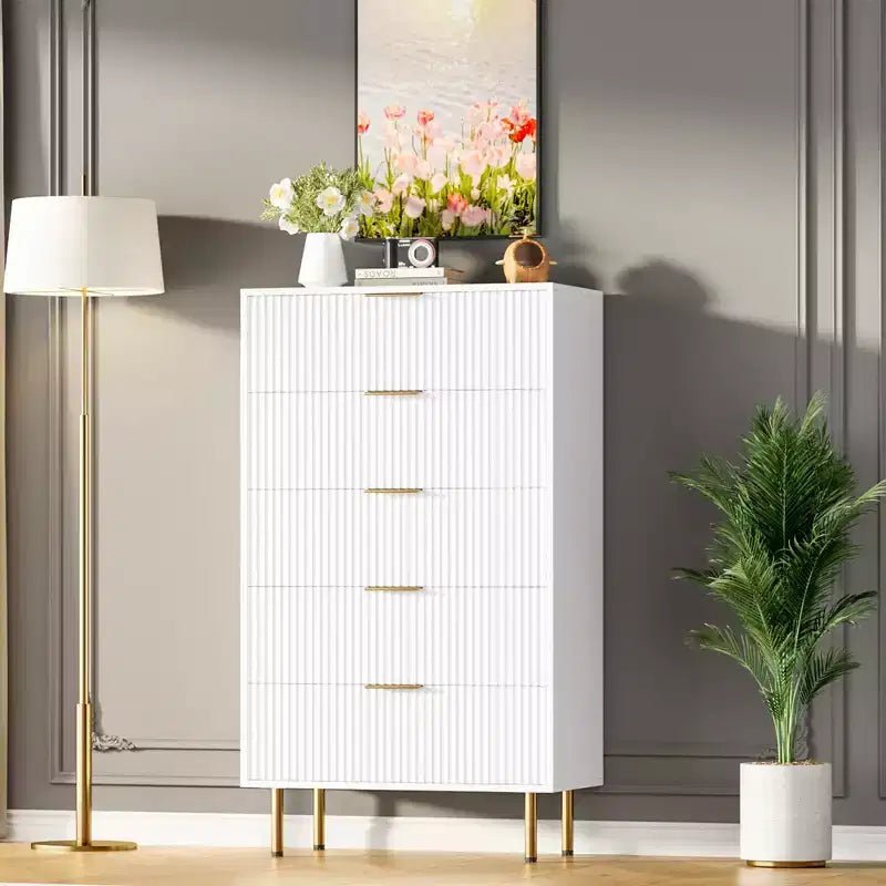 Commode en bois cannelé 5 tiroirs commode haute moderne blanche