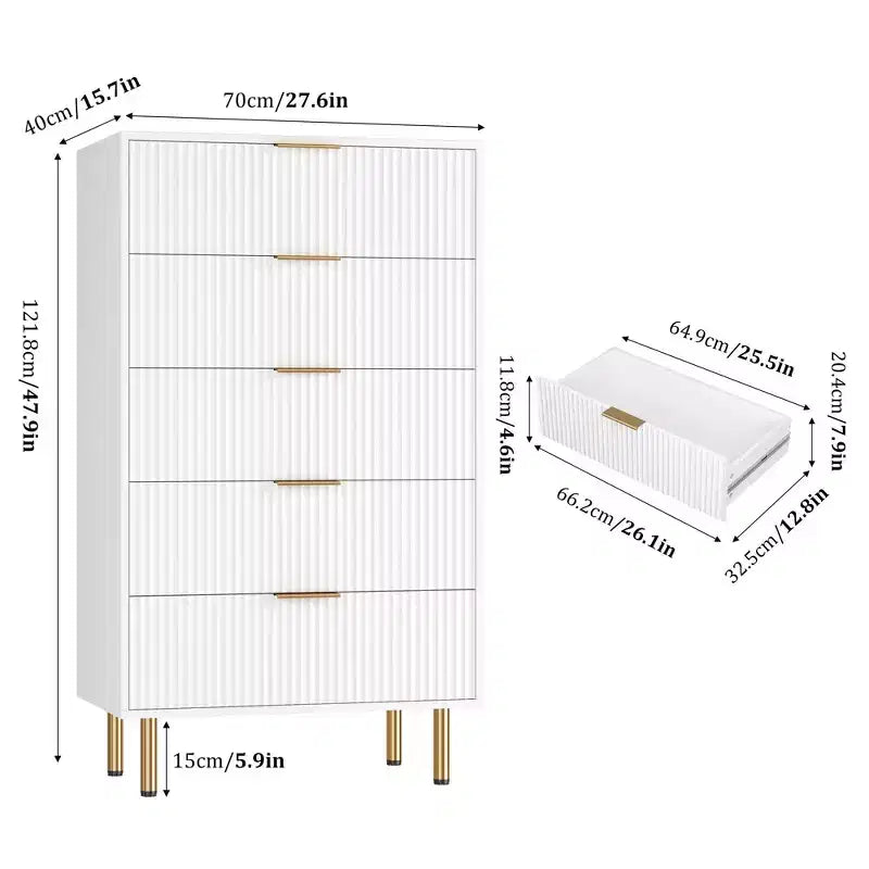 Commode en bois cannelé 5 tiroirs commode haute moderne blanche