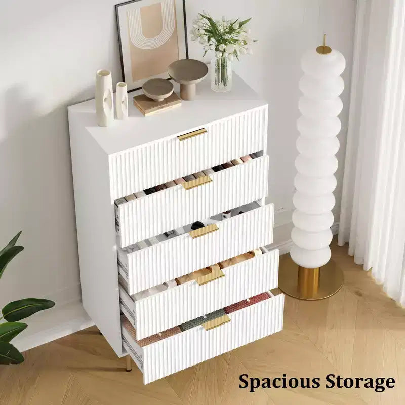 Commode en bois cannelé 5 tiroirs commode haute moderne blanche
