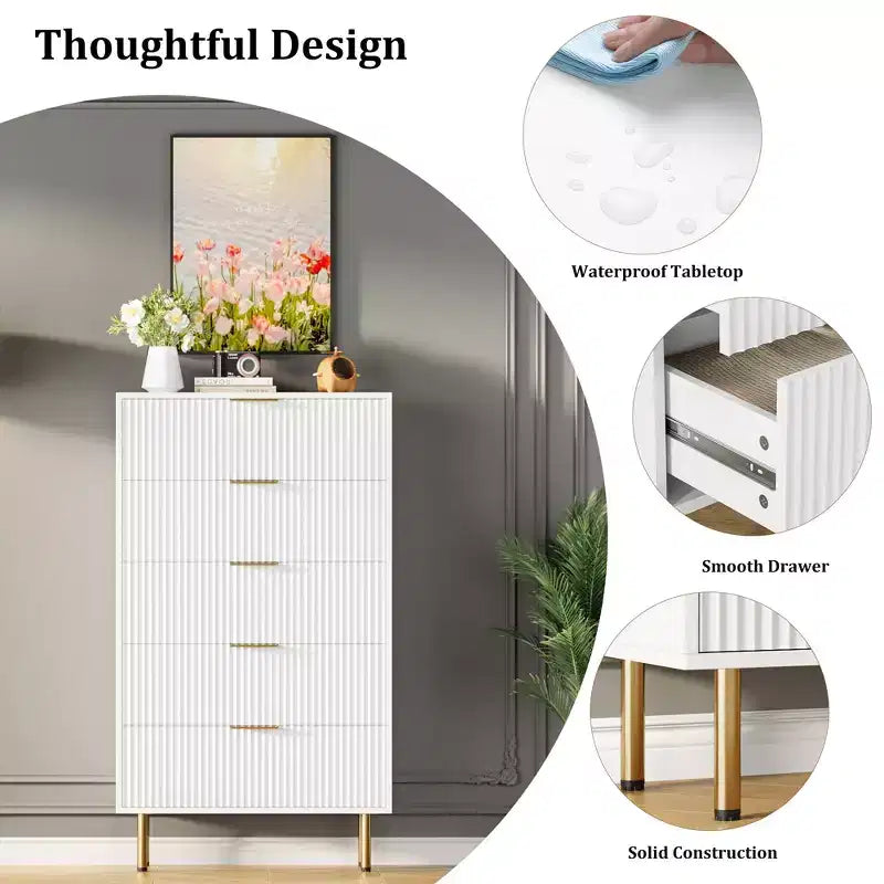 Commode en bois cannelé 5 tiroirs commode haute moderne blanche