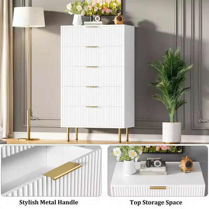 Commode en bois cannelé 5 tiroirs commode haute moderne blanche