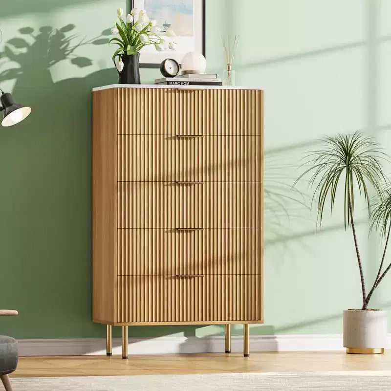 Commode en bois cannelé 5 tiroirs commode haute moderne blanche