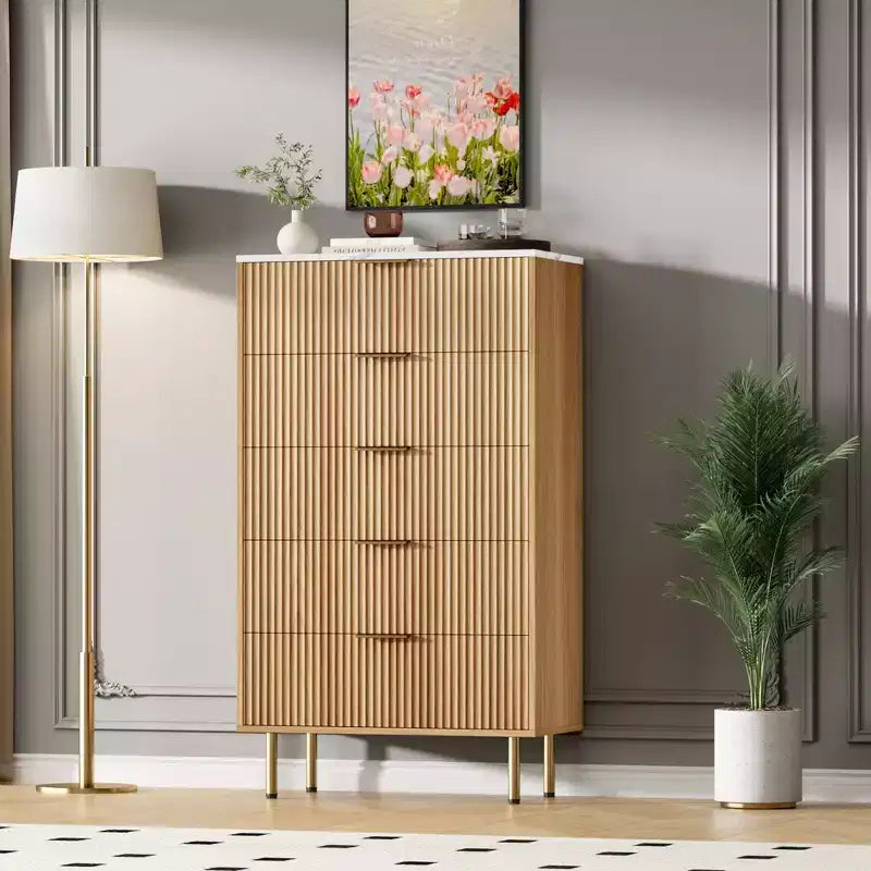 Commode en bois cannelé 5 tiroirs commode haute moderne blanche
