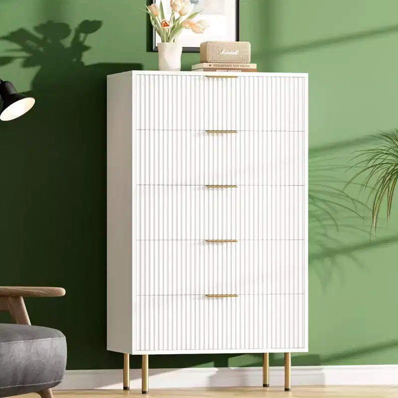Commode en bois cannelé 5 tiroirs commode haute moderne blanche