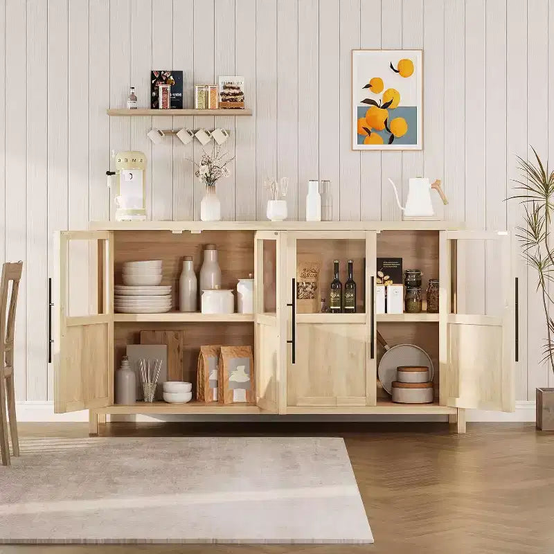 Buffet enfilade moderne 55 po avec 4 portes vitrées et rangement, pour cuisine, salle à manger, salon (Verre avec 4 portes, Noyer Américain)
